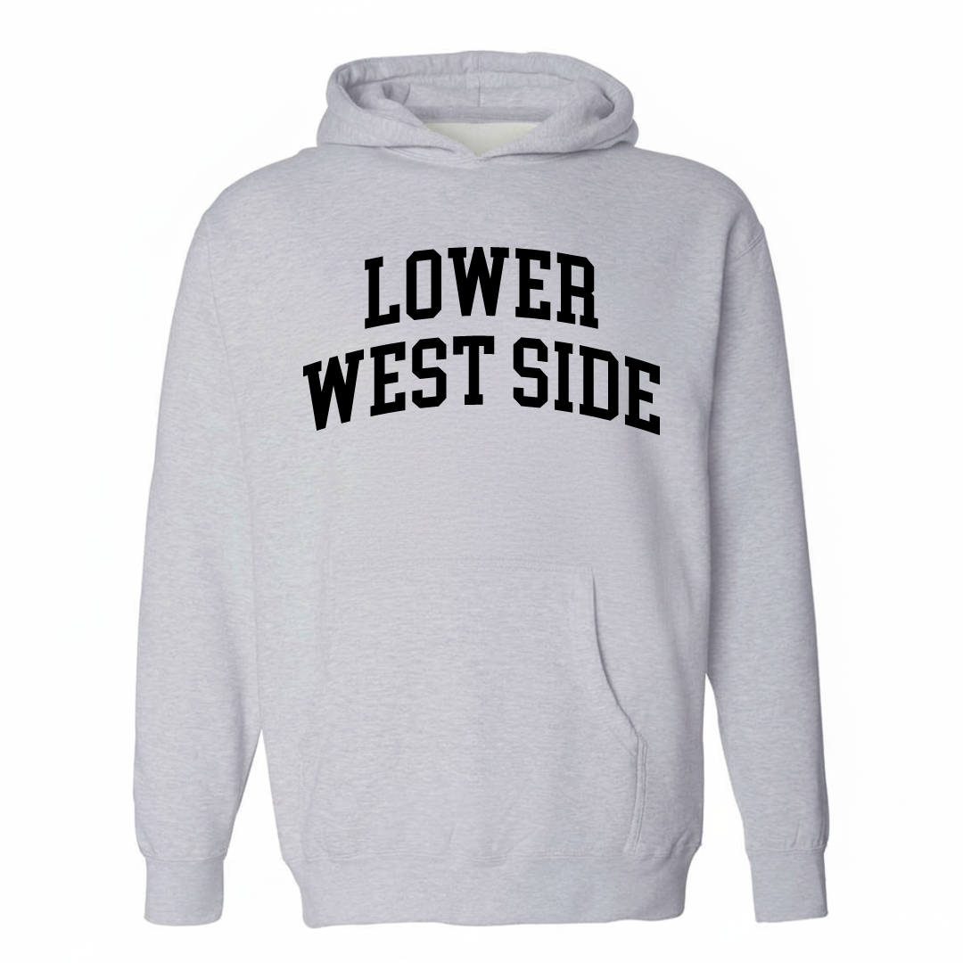 Heather-gray hoodie with the Lower West Side varsity arched lettering design on the chest.