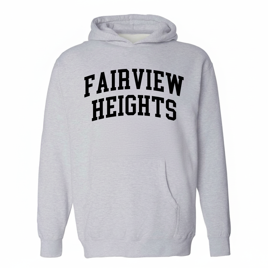 Heather-gray hoodie with the Fairview Heights varsity arched lettering design on the chest.