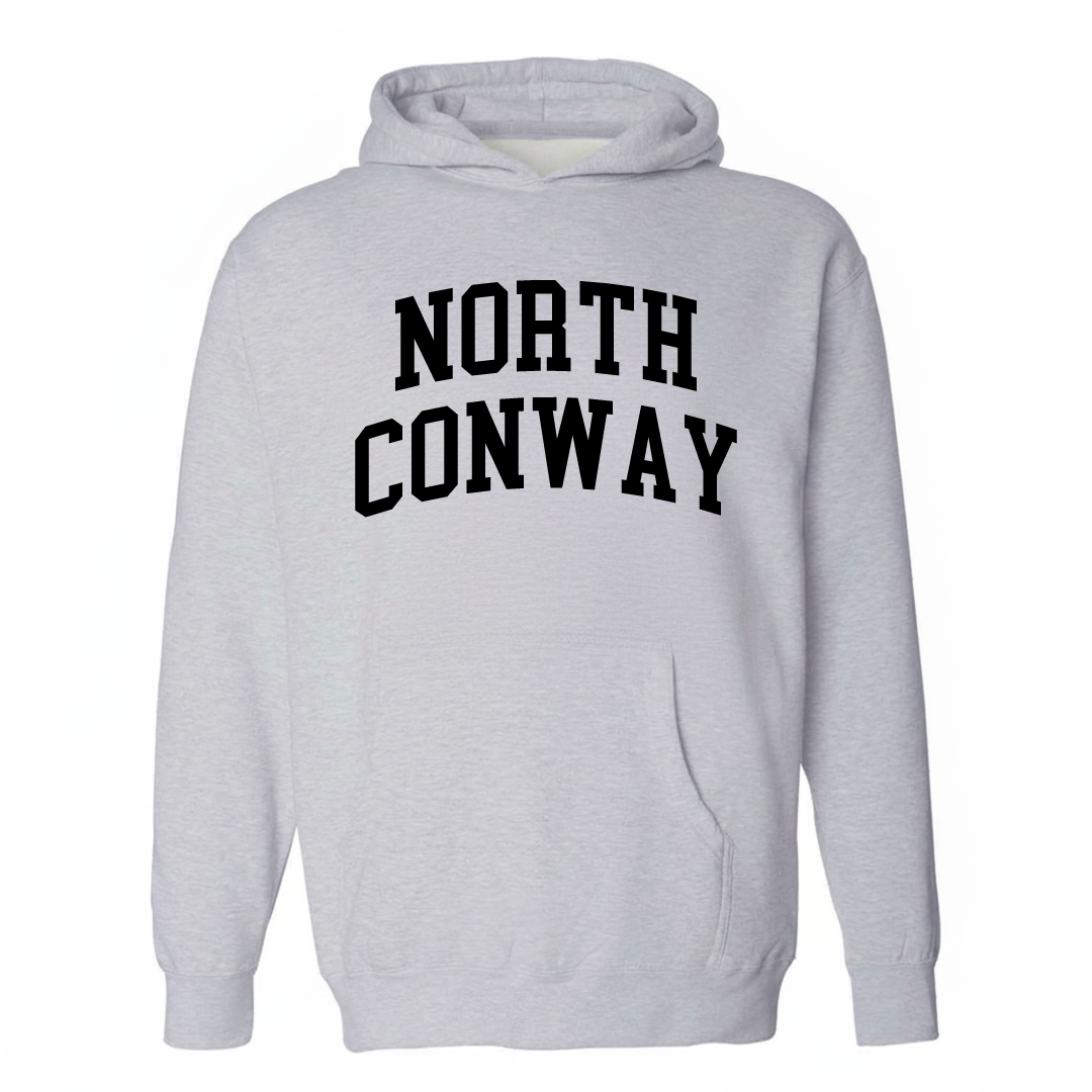 Heather-gray hoodie with the North Conway varsity arched lettering design on the chest.