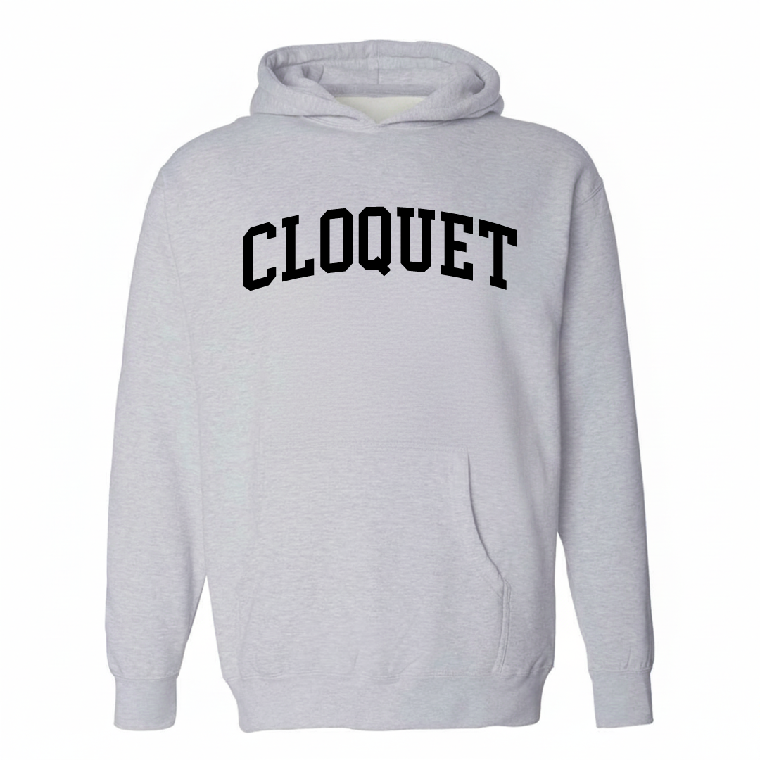 Heather-gray hoodie with the Cloquet varsity arched lettering design on the chest.