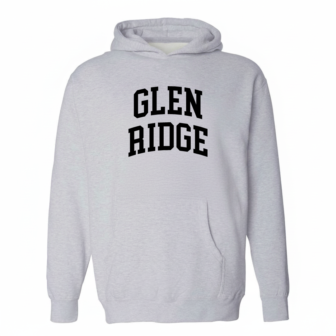 Heather-gray hoodie with the Glen Ridge varsity arched lettering design on the chest.