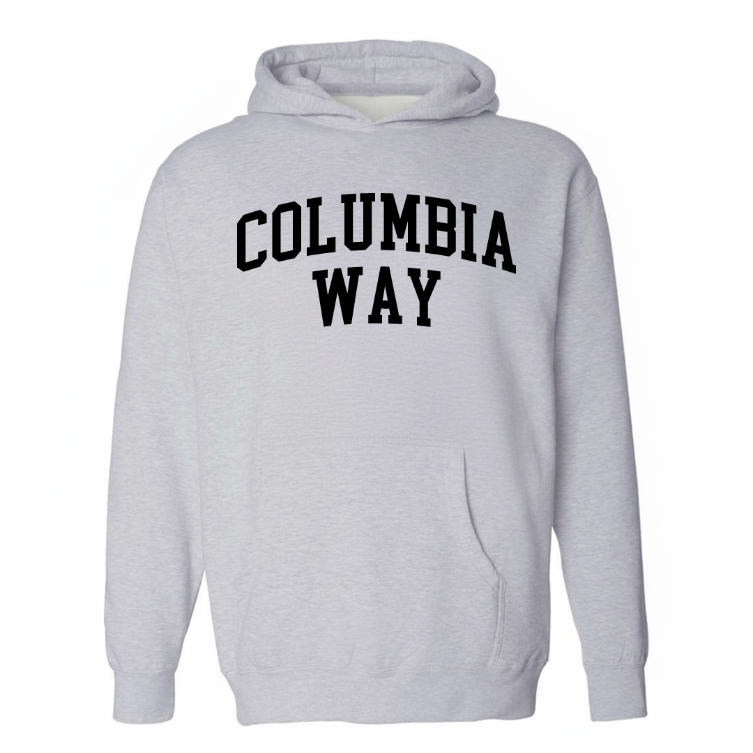 Heather-gray hoodie with the Columbia Way arched varsity lettering design on the chest.