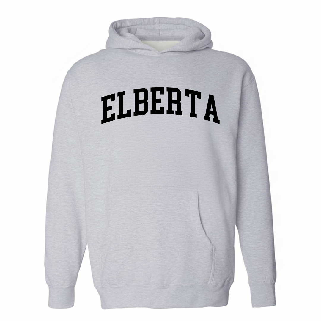 Heather-gray hoodie with the Elberta varsity arched lettering design on the chest.