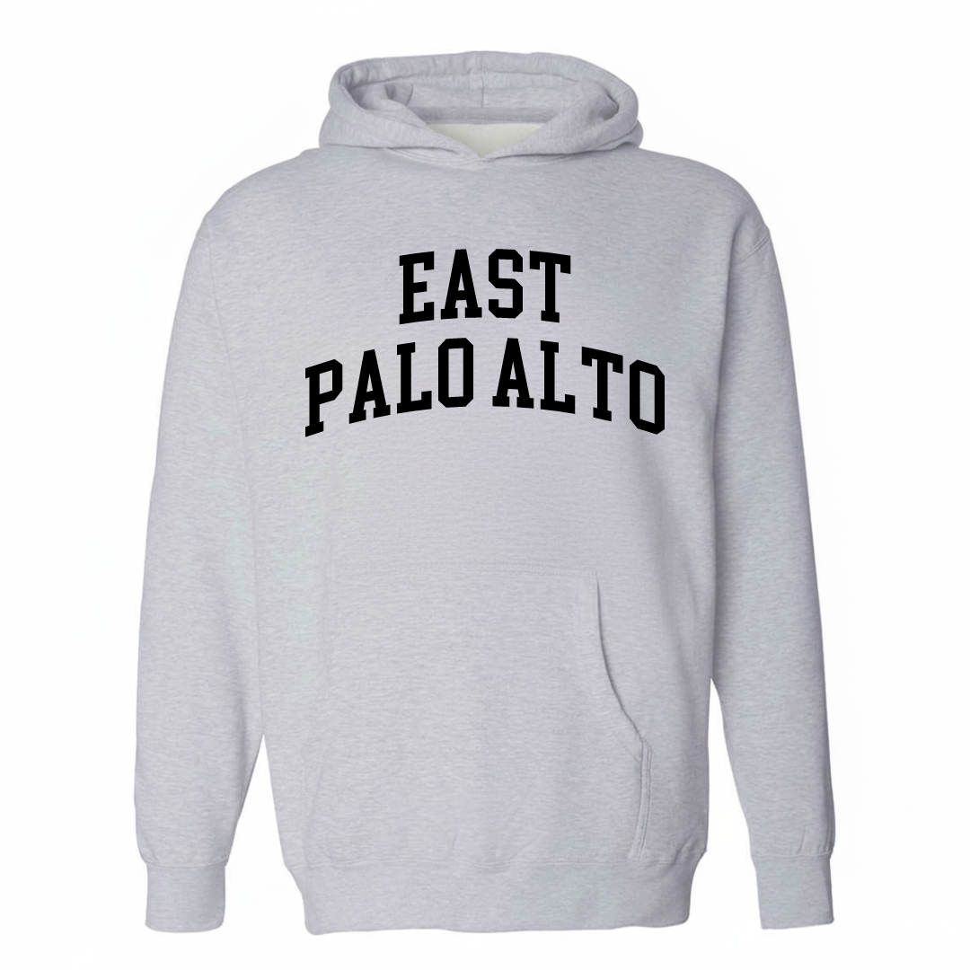 Heather-gray hoodie with the East Palo Alto varsity arched lettering design on the chest.