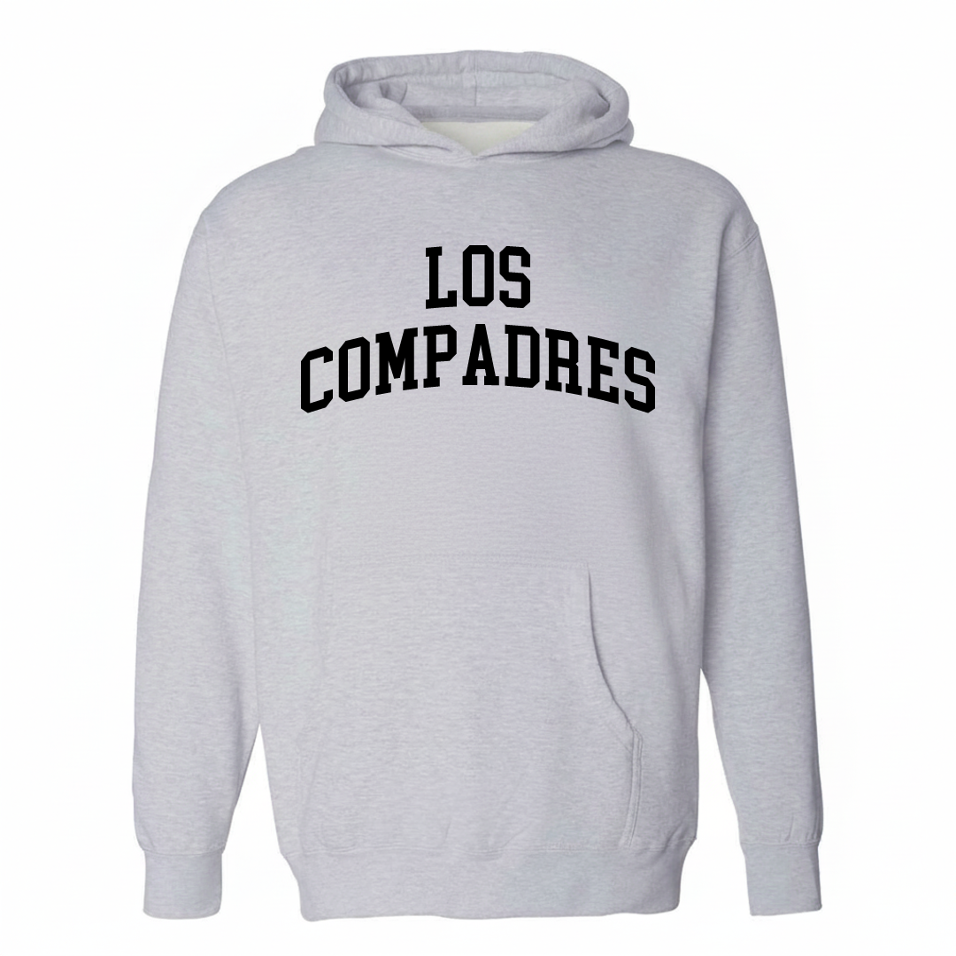 Heather-gray hoodie with the Los Compadres varsity arched lettering design on the chest.