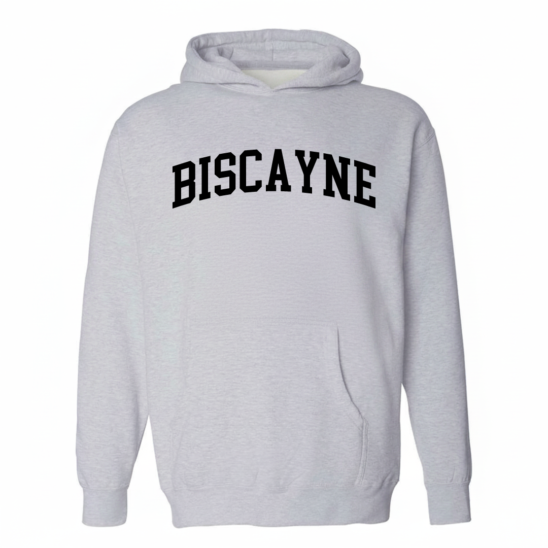 Heather-gray hoodie with the Biscayne varsity arched lettering design on the chest.
