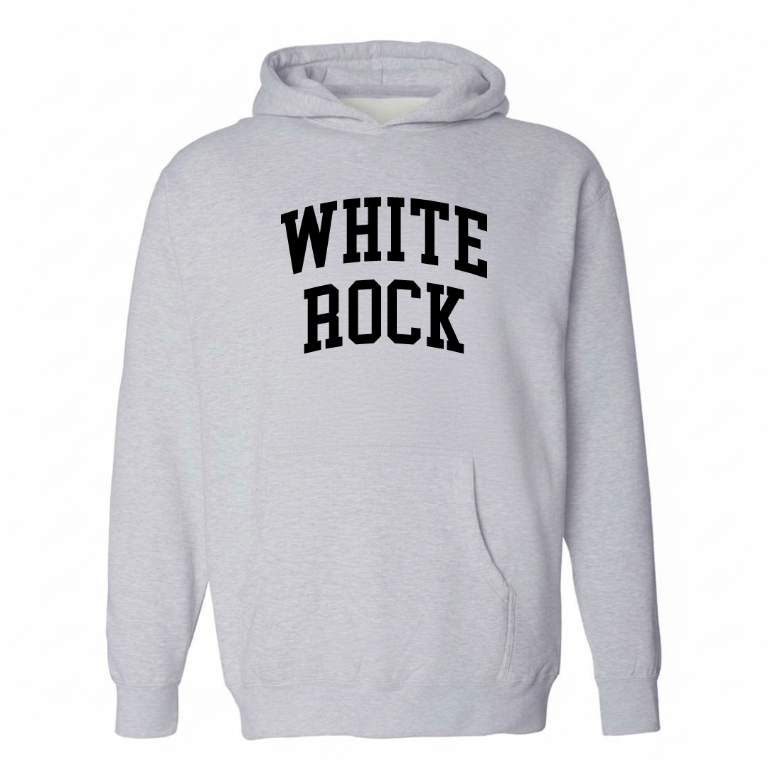 Heather-gray hoodie with the White Rock varsity arched lettering design on the chest.