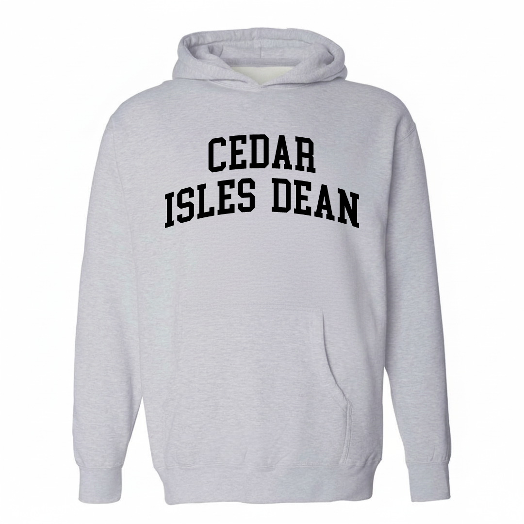 Heather-gray hoodie with the Cedar-Isles-Dean arched varsity lettering design on the chest.
