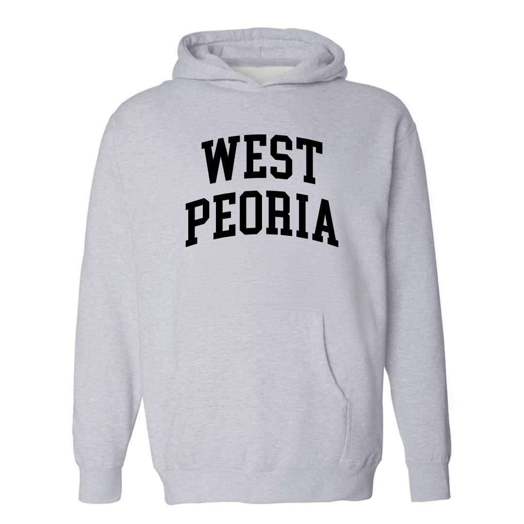 Heather-gray hoodie with the West Peoria varsity arched lettering design on the chest.