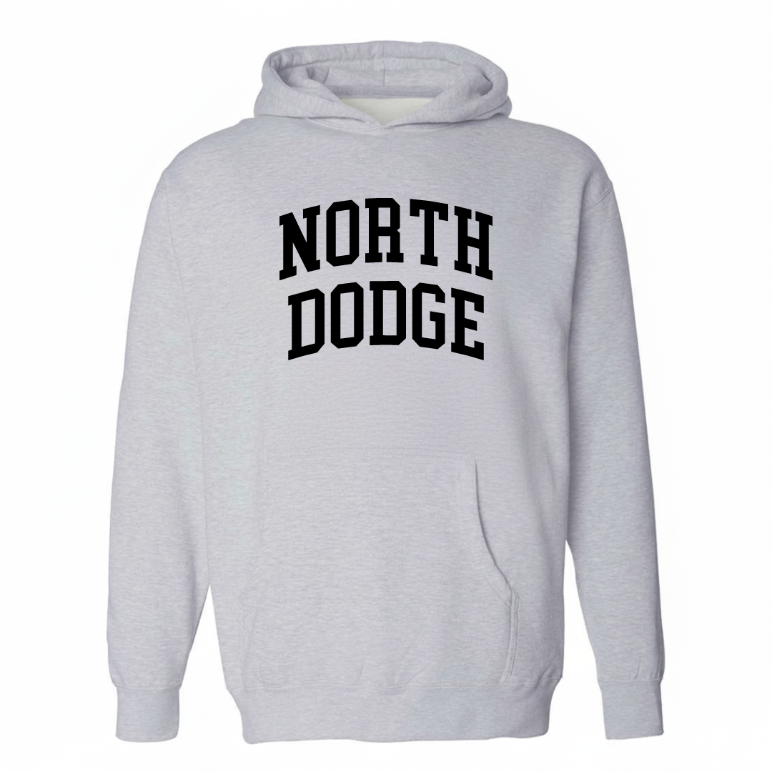 Heather-gray hoodie with the North Dodge arched lettering design on the chest.