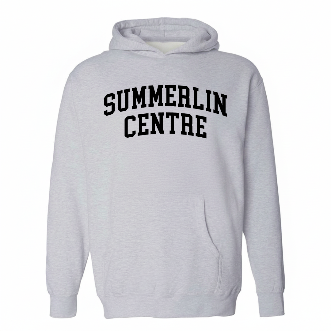 Heather-gray hoodie with the Summerlin Centre varsity arched lettering design on the chest.
