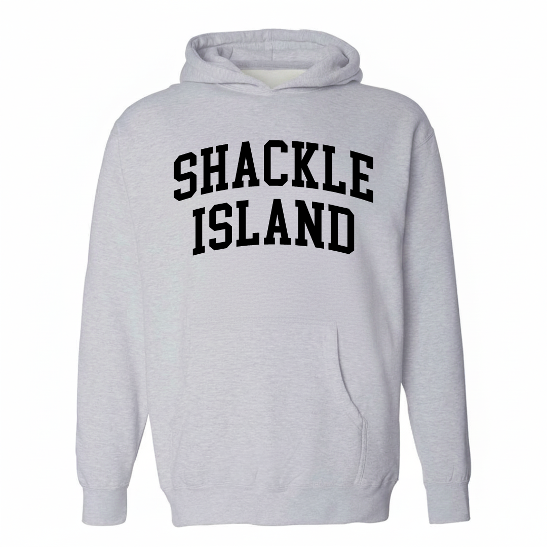 Heather-gray hoodie with the Shackle Island varsity arched lettering design on the chest.