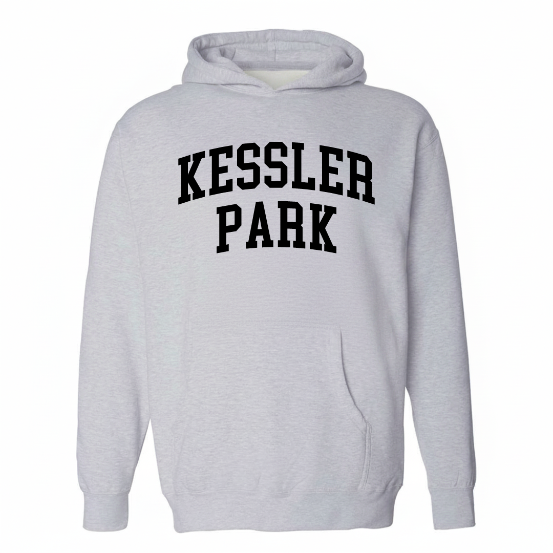 Heather-gray hoodie with the Kessler Park varsity arched lettering design on the chest.