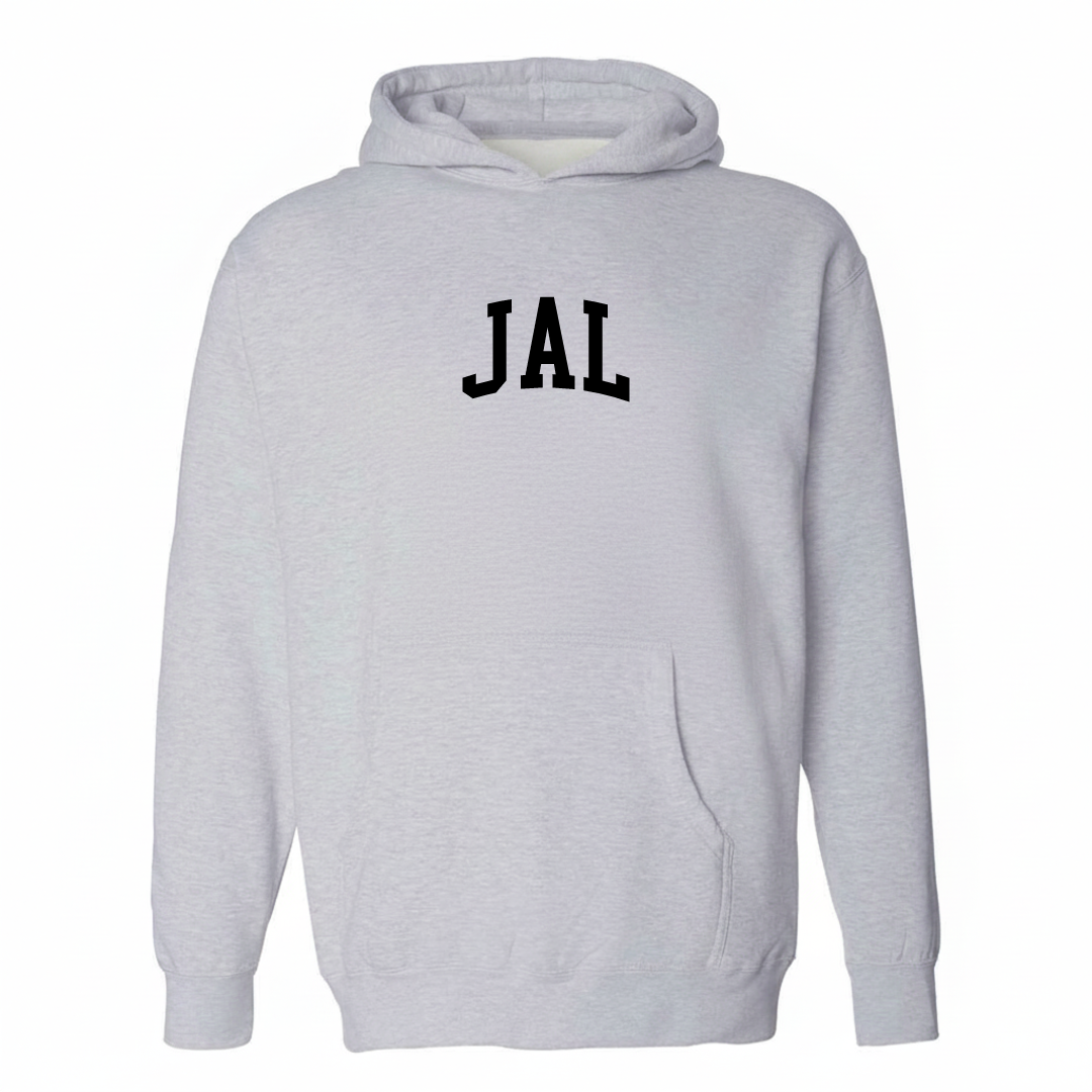 Heather-gray hoodie with the Jal varsity arched lettering design on the chest.