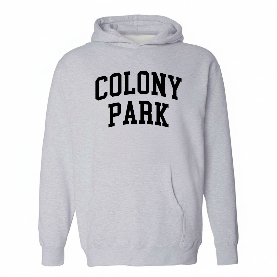 Heather-gray hoodie with the Colony Park arched lettering design on the chest.