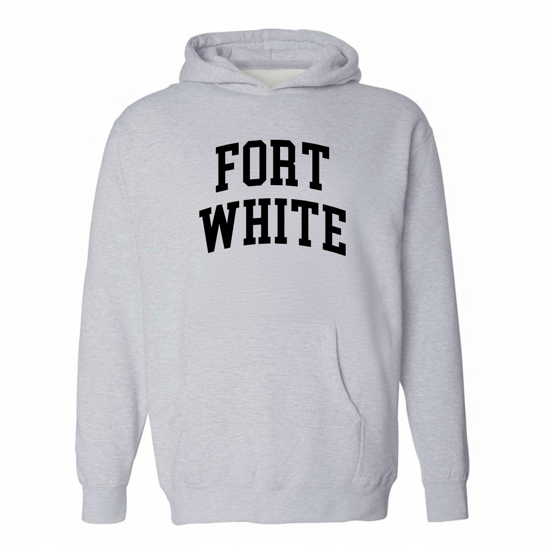 Heather-gray hoodie with the Fort White arched varsity lettering design on the chest.