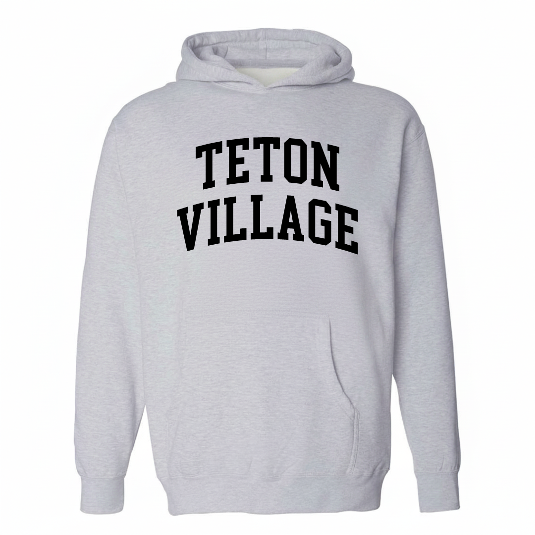 Heather-gray hoodie with the Teton Village varsity arched lettering design on the chest.