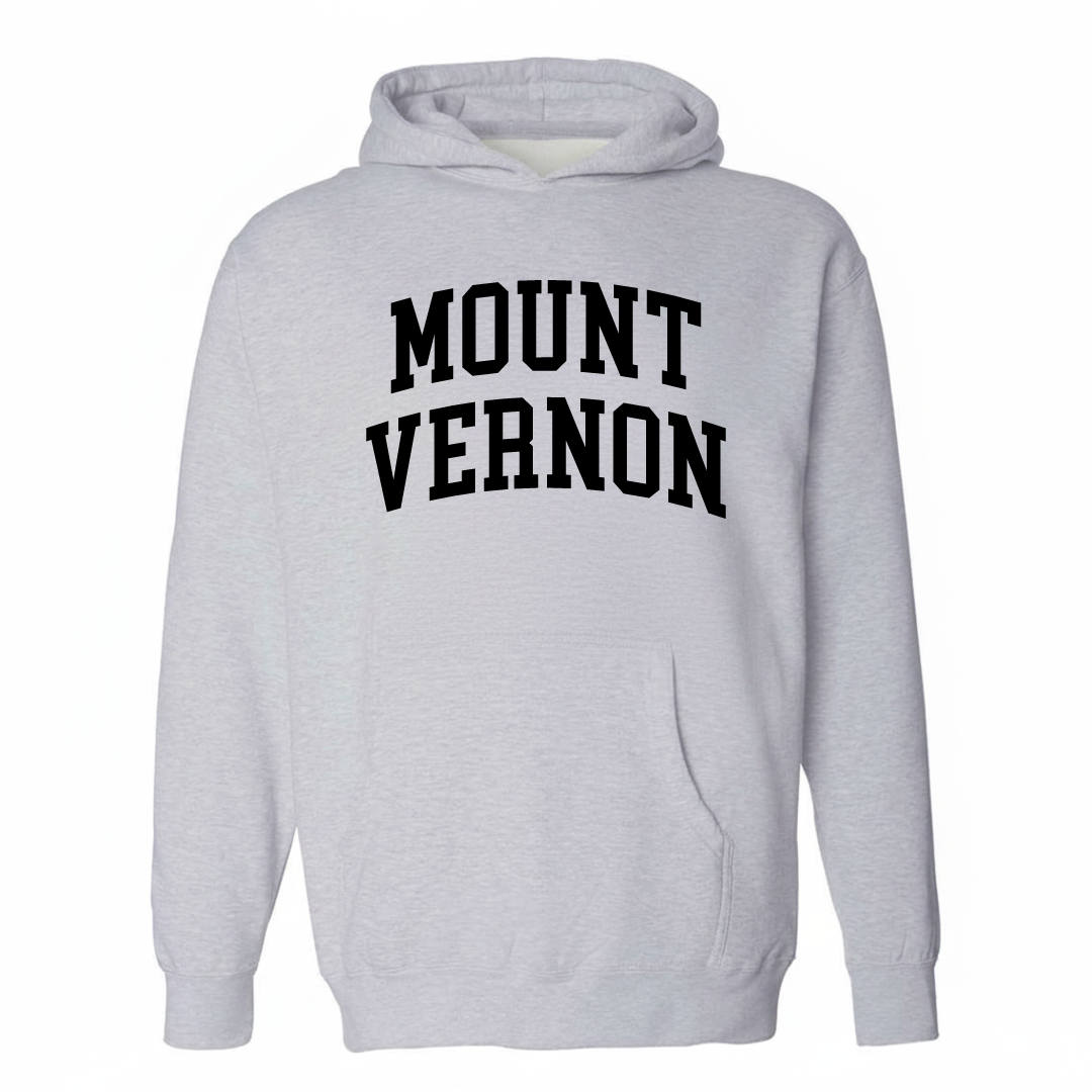 Heather-gray hoodie with the Mount Vernon arched varsity lettering design on the chest.
