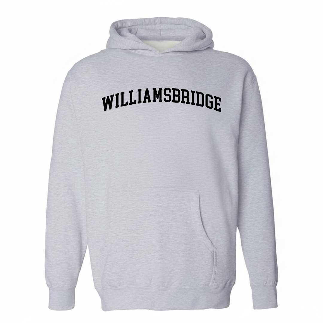 Heather-gray hoodie with the Williamsbridge varsity arched lettering design on the chest.