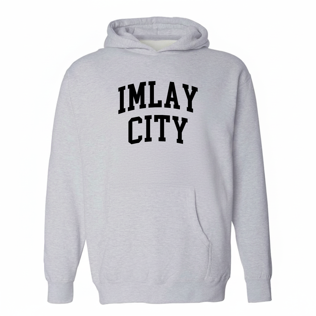 Heather-gray hoodie with the Imlay City varsity arched lettering design on the chest.