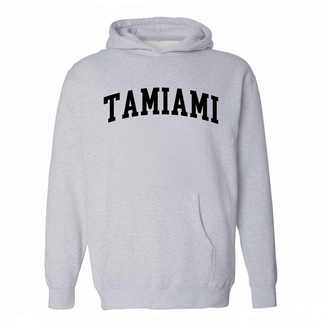 Heather-gray hoodie with the Tamiami varsity arched lettering design on the chest.