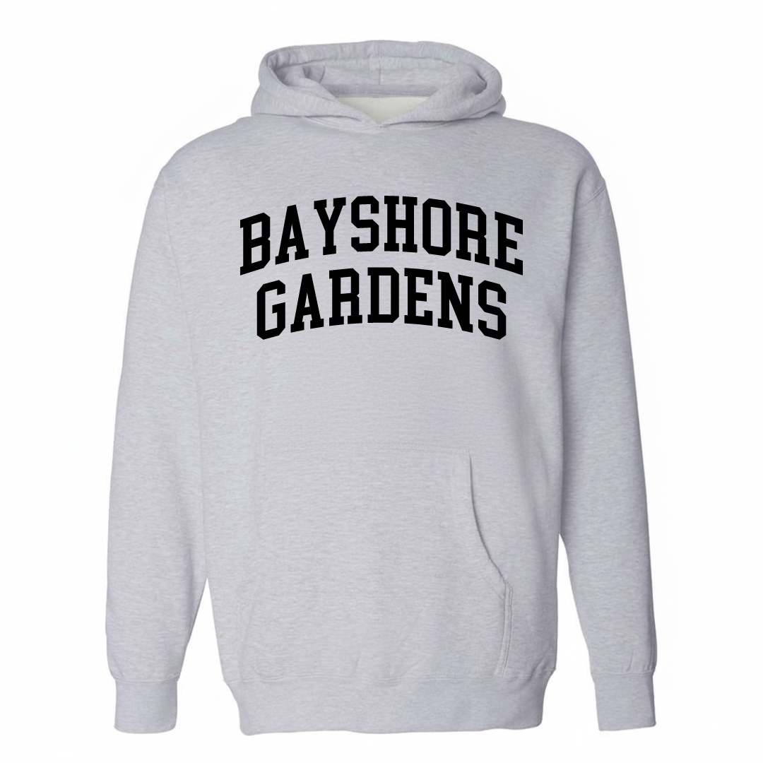 Heather-gray hoodie with the Bayshore Gardens varsity arched lettering design on the chest.
