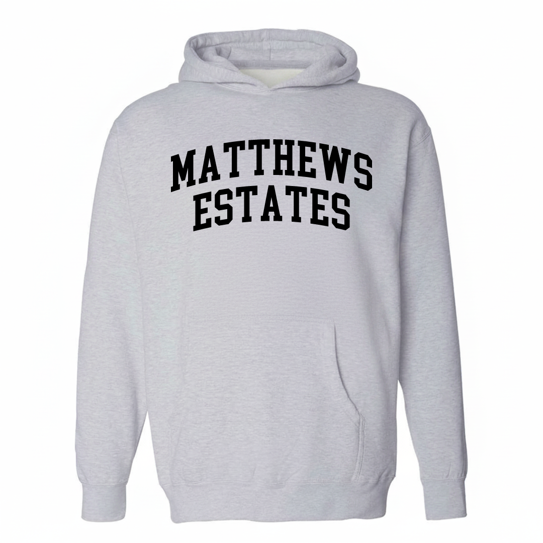 Heather-gray hoodie with the Matthews Estates varsity arched lettering design on the chest.