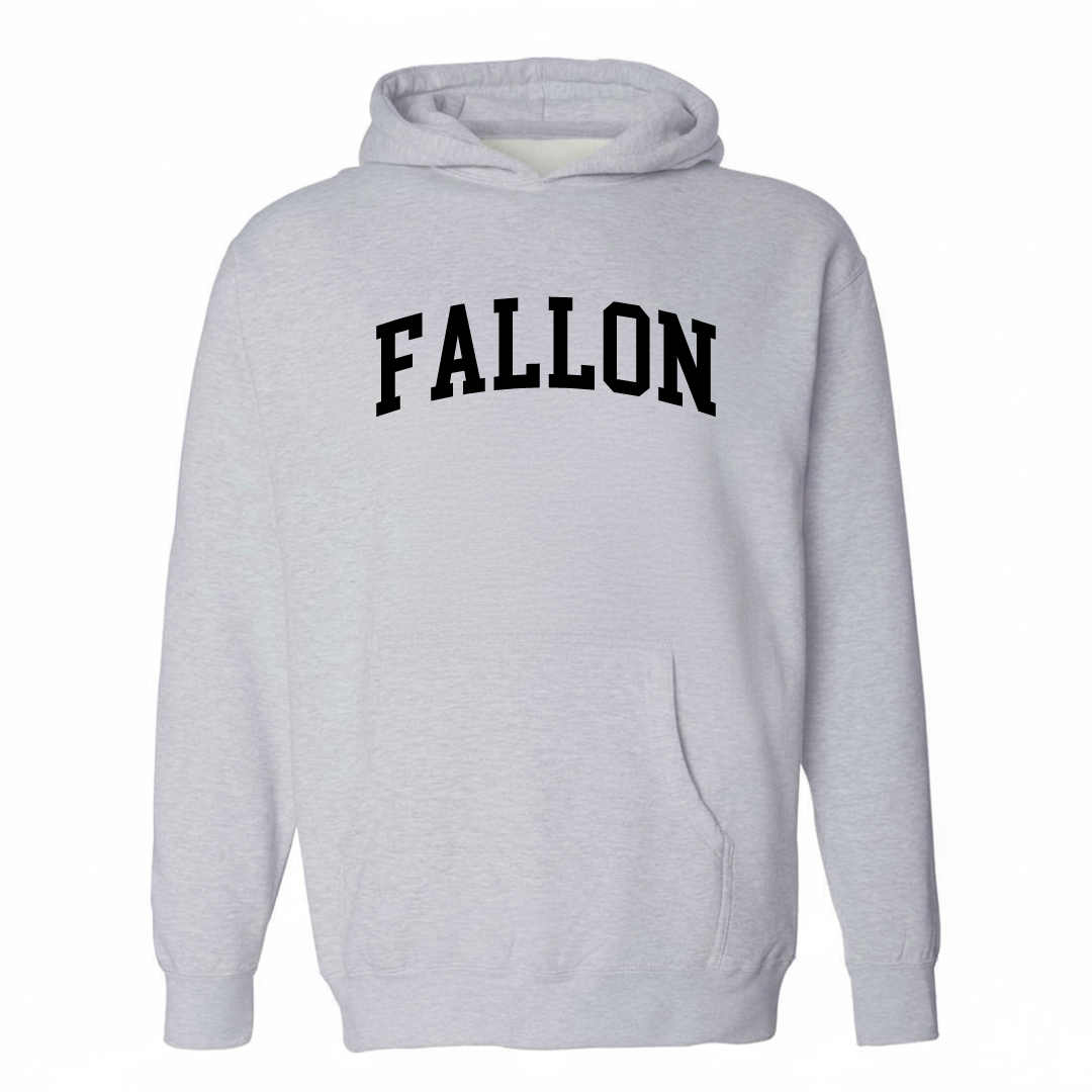 Heather-gray hoodie with the Fallon varsity arched lettering design on the chest.