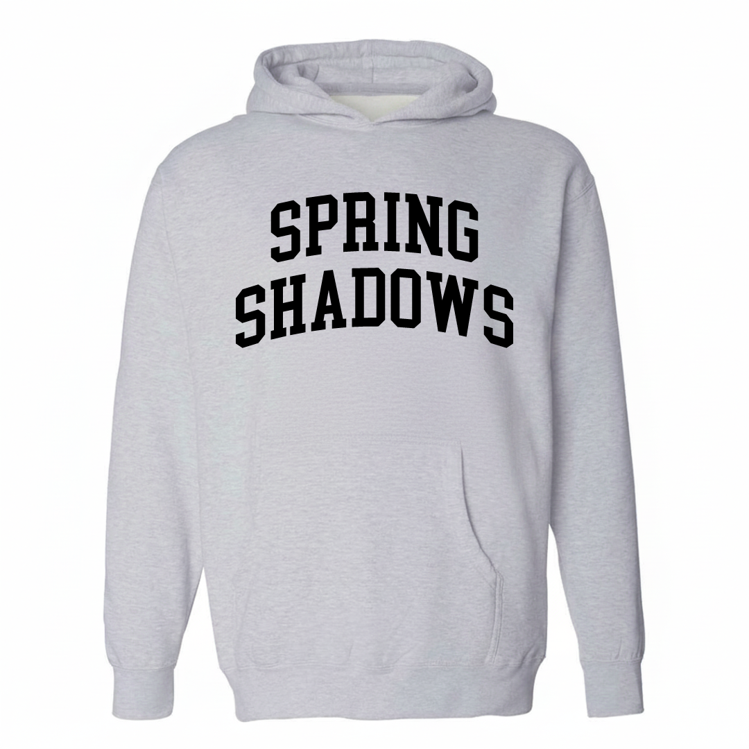 Heather-gray hoodie with the Spring Shadows arched lettering design on the chest.