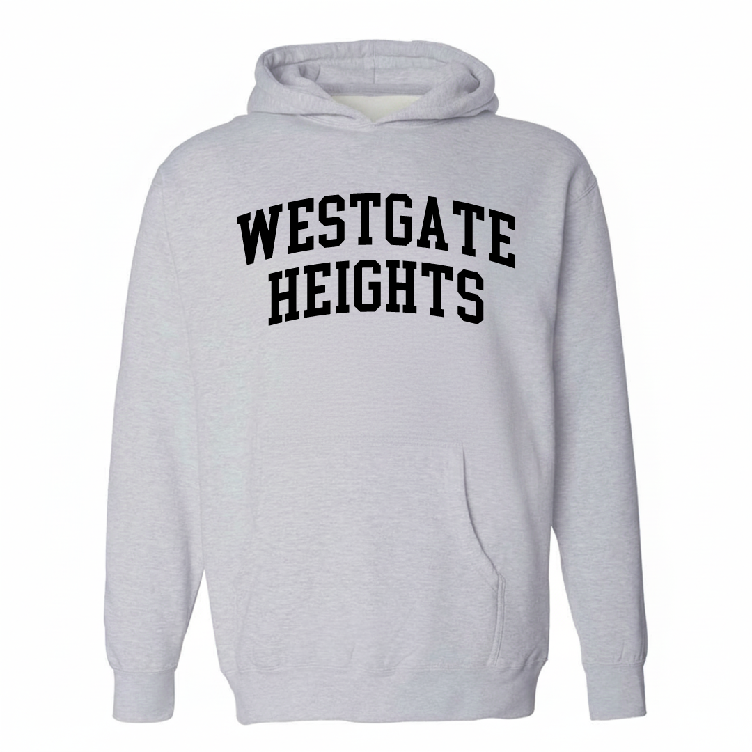 Heather-gray hoodie with the Westgate Heights varsity arched lettering design on the chest.