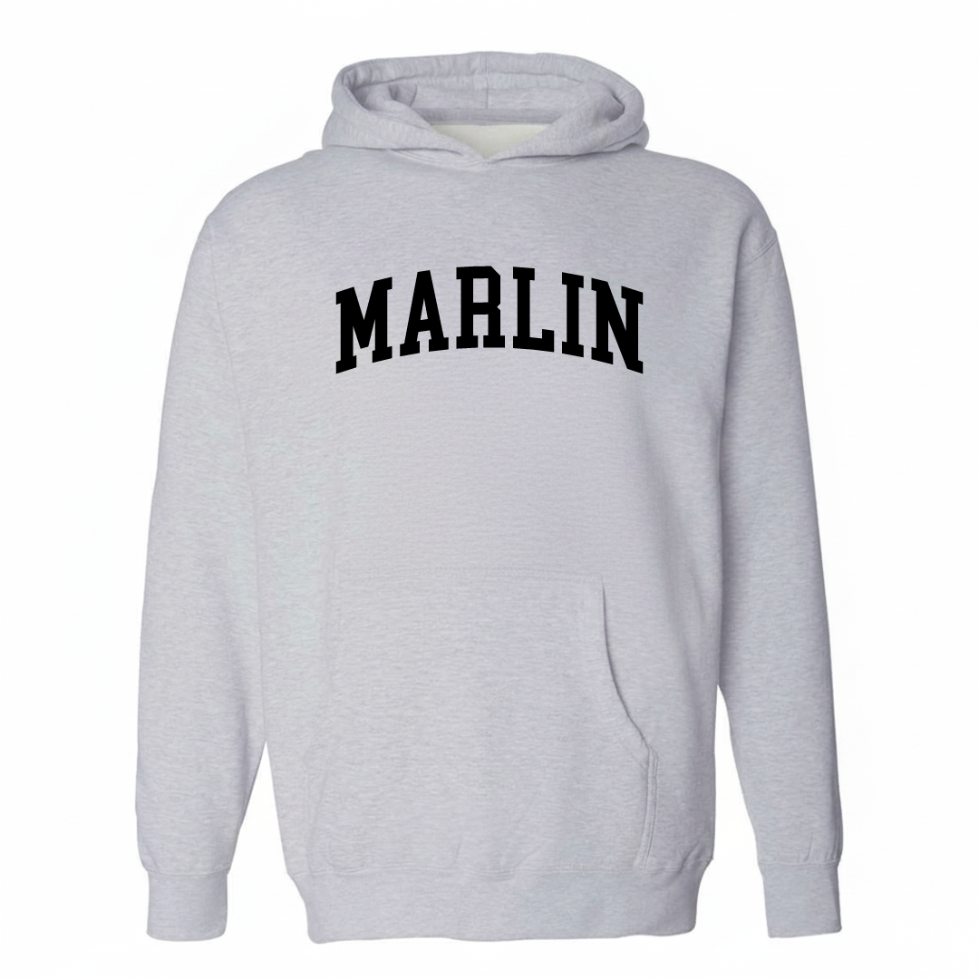 Heather-gray hoodie with the Marlin varsity arched lettering design on the chest.