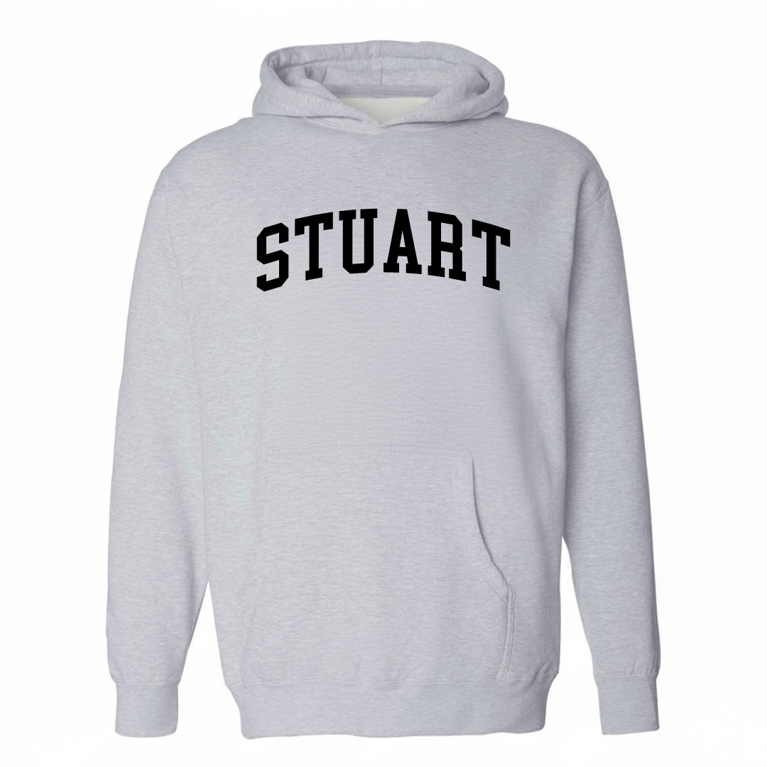Heather-gray hoodie with the Stuart, Virginia varsity arched lettering design on the chest.