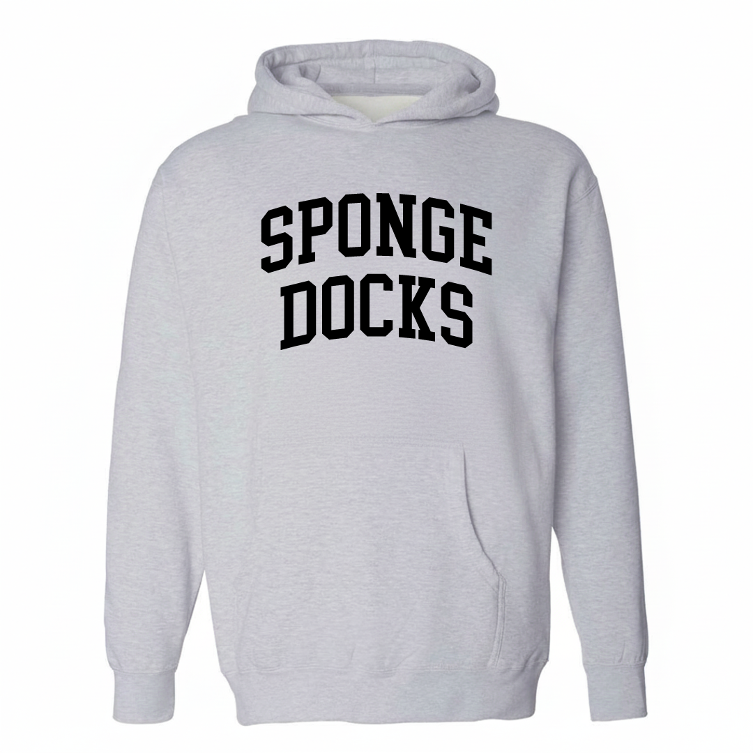Heather-gray hoodie with the Sponge Docks varsity arched lettering design on the chest.
