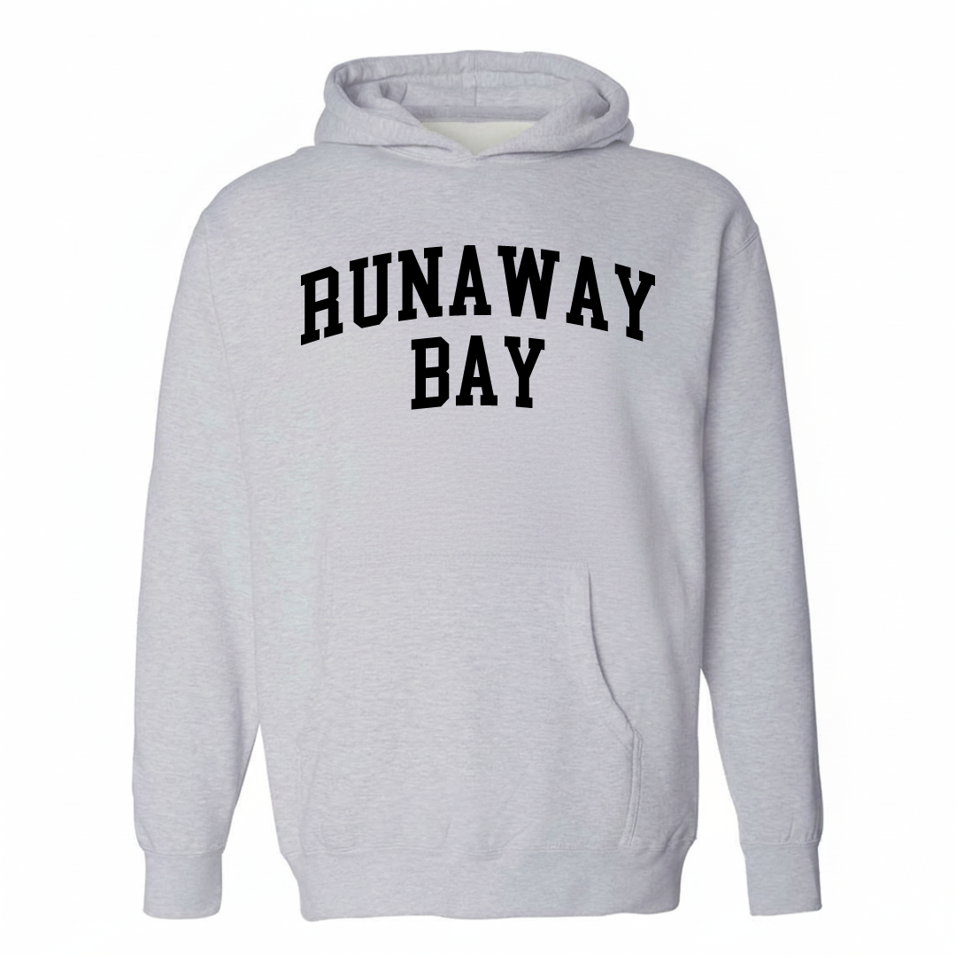 Heather-gray hoodie with the Runaway Bay varsity arched lettering design on the chest.