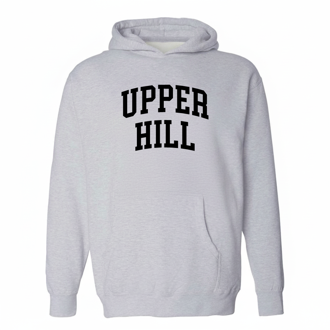 Heather-gray hoodie with the Upper Hill varsity arched lettering design on the chest.
