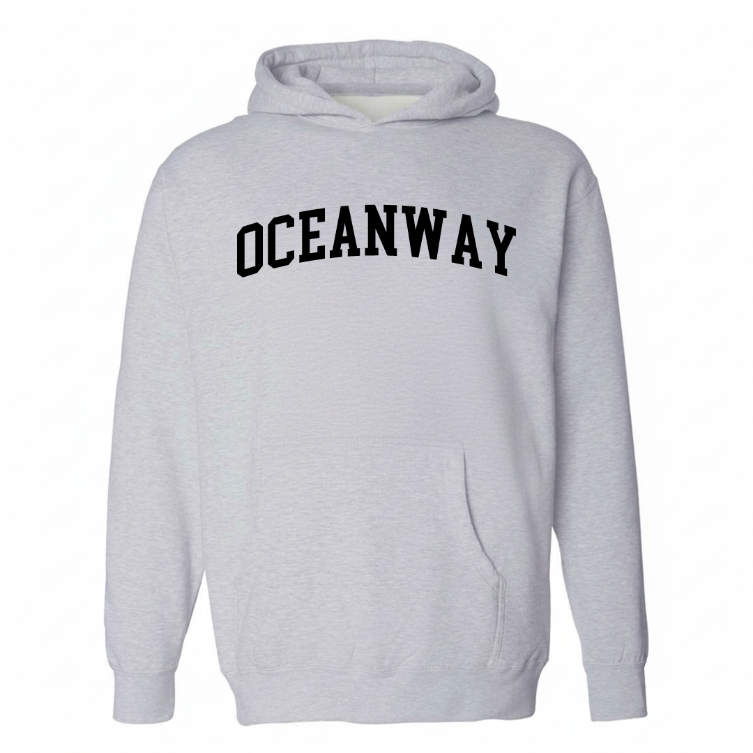 Heather-gray hoodie with the Oceanway varsity arched lettering design on the chest.