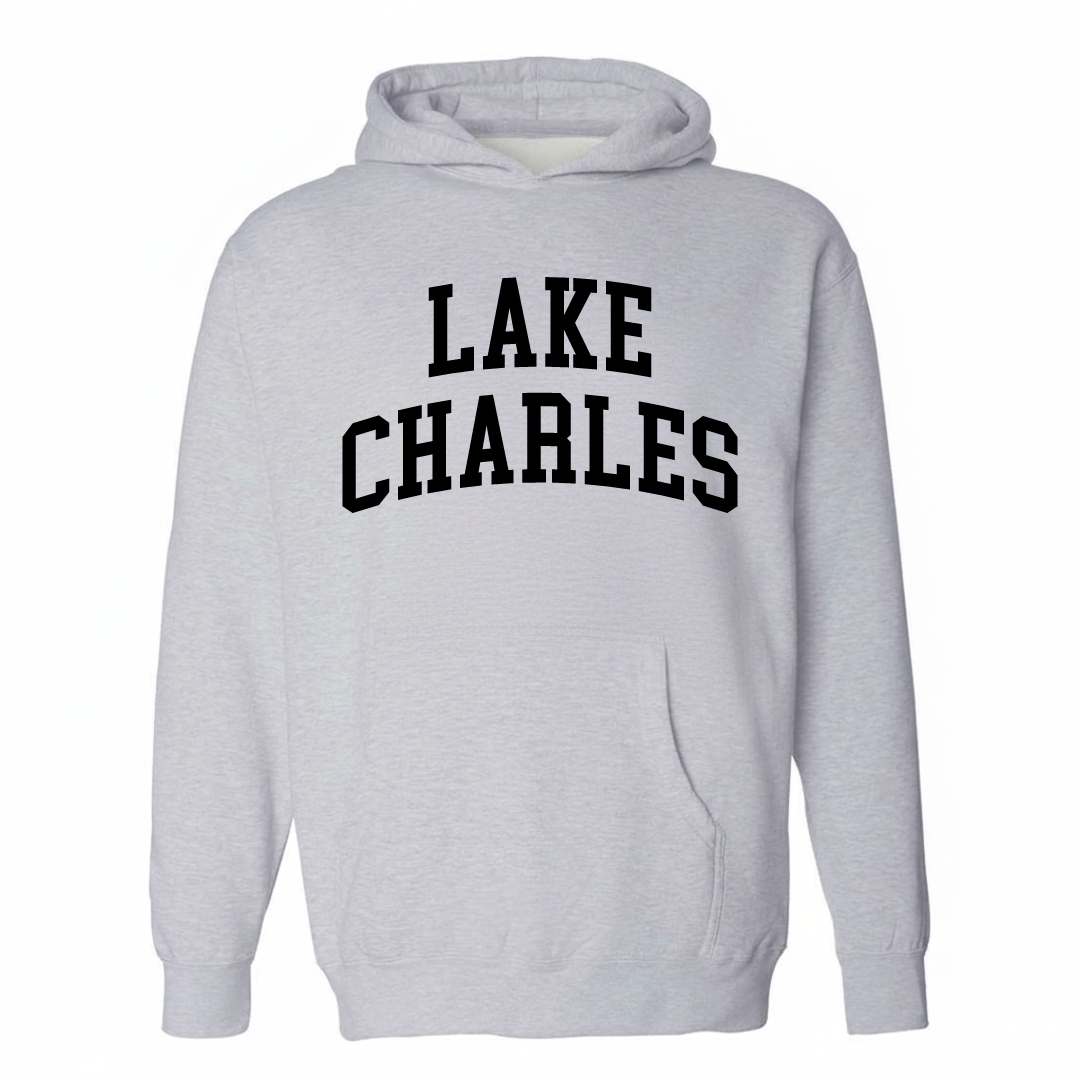Heather-gray hoodie with the Lake Charles arched lettering varsity design on the chest.