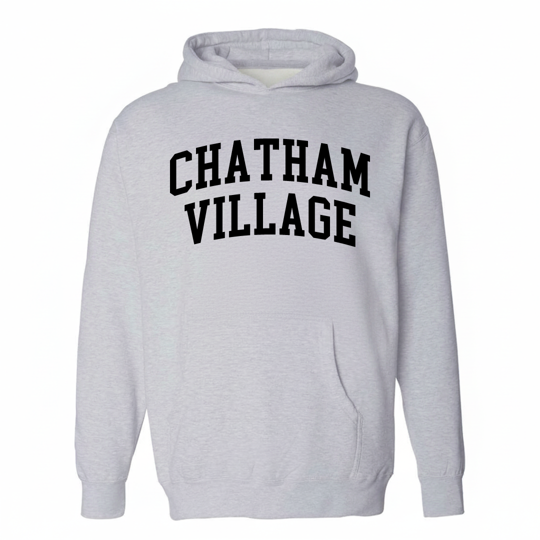 Heather-gray hoodie with the Chatham Village varsity arched lettering design on the chest.