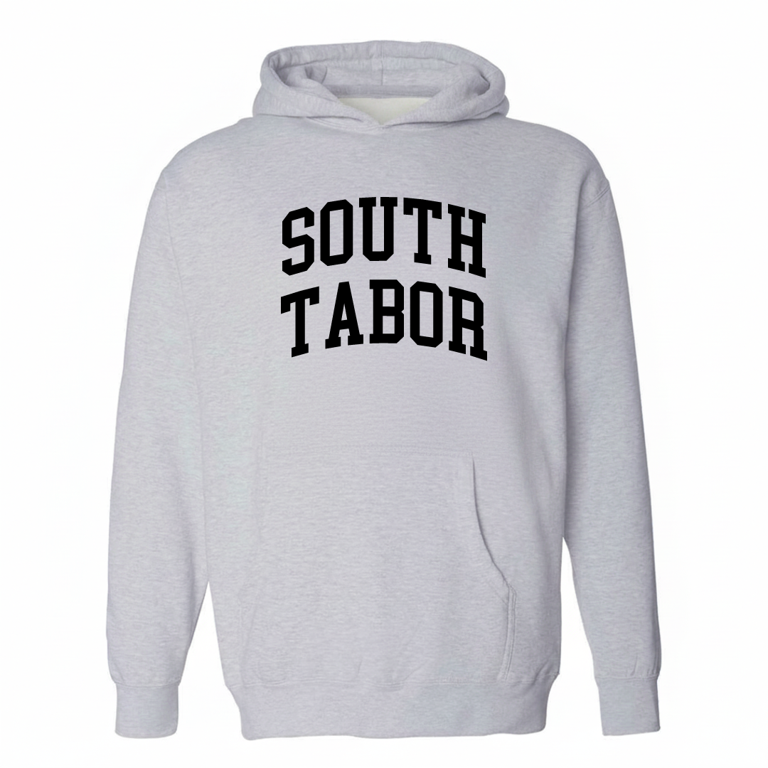 Heather-gray hoodie with the South Tabor varsity arched lettering design on the chest.