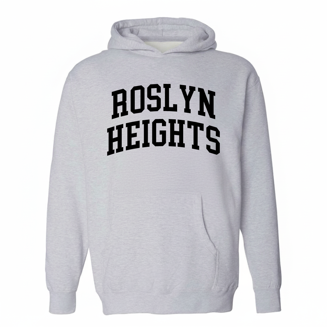 Heather-gray hoodie with the Roslyn Heights varsity arched lettering design on the chest.