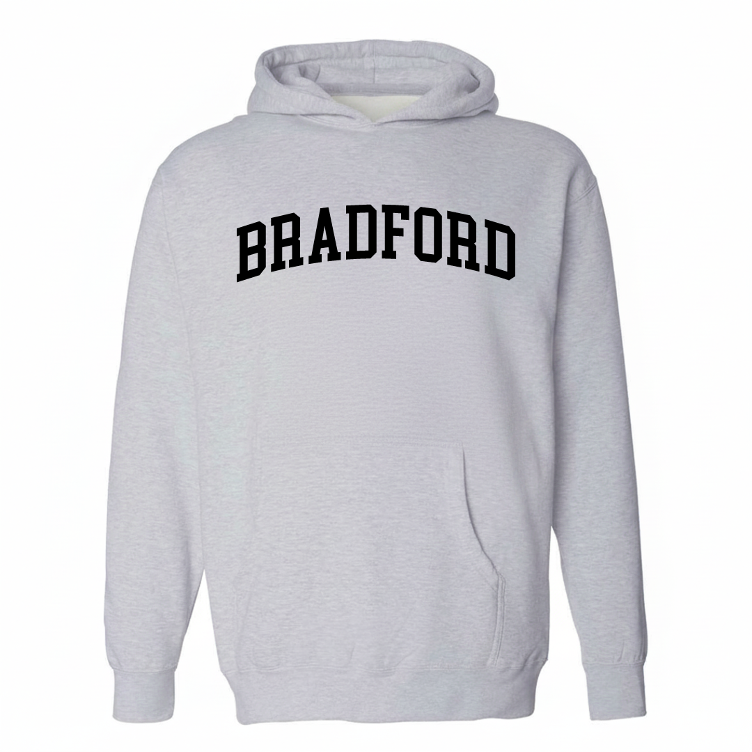 Heather-gray hoodie with the Bradford arched lettering varsity-collegiate design on the chest.