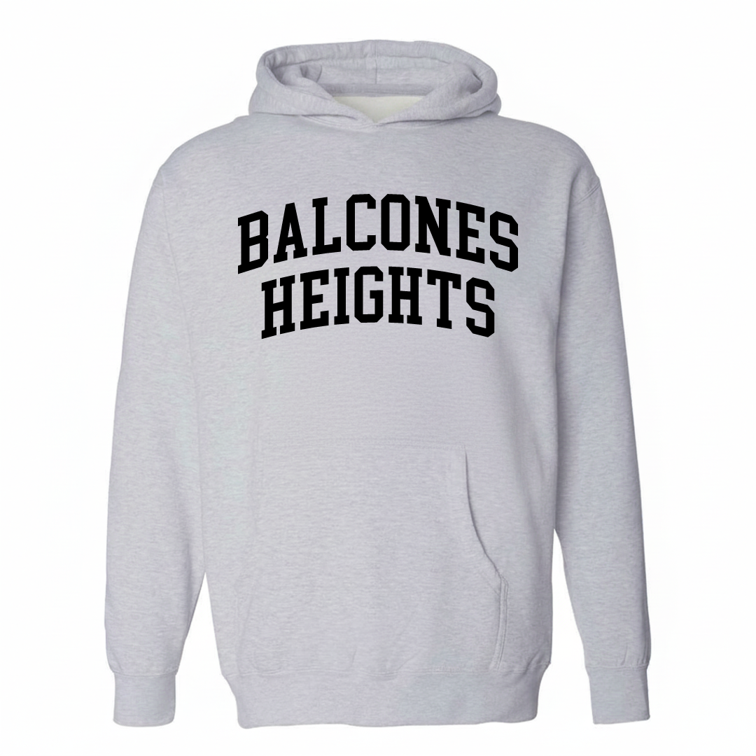 Heather-gray hoodie with the Balcones Heights varsity arched lettering design on the chest.