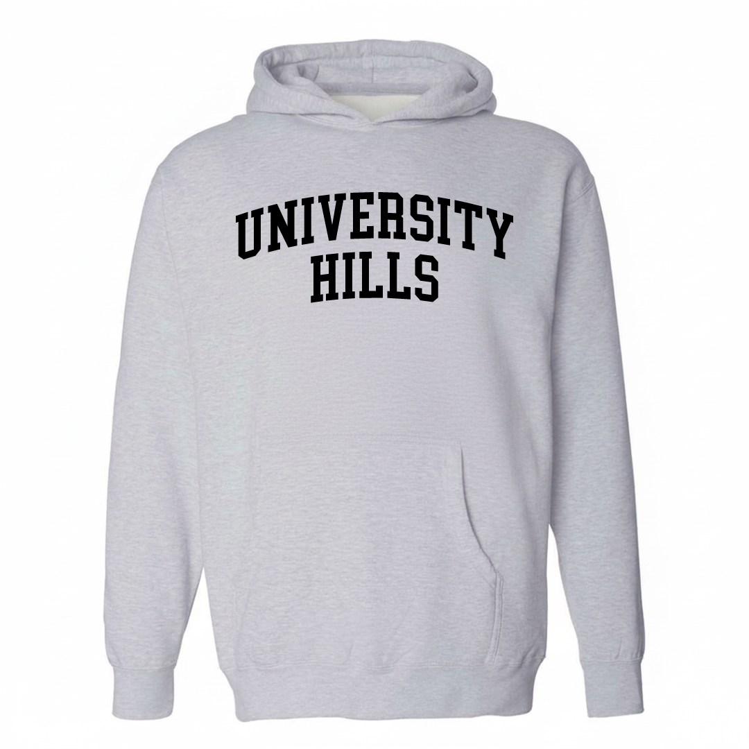Heather-gray hoodie with the University Hills arched lettering design on the chest.