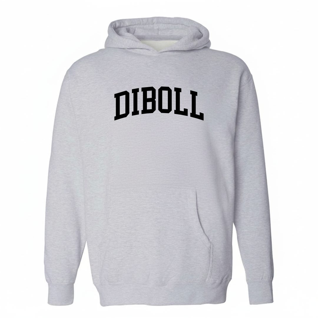Heather-gray hoodie with the Diboll varsity arched lettering design on the chest.