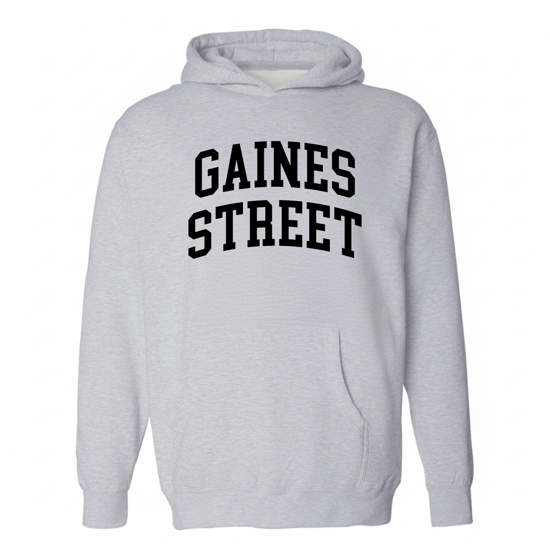Heather-gray hoodie with the Gaines Street varsity arched lettering design on the chest.