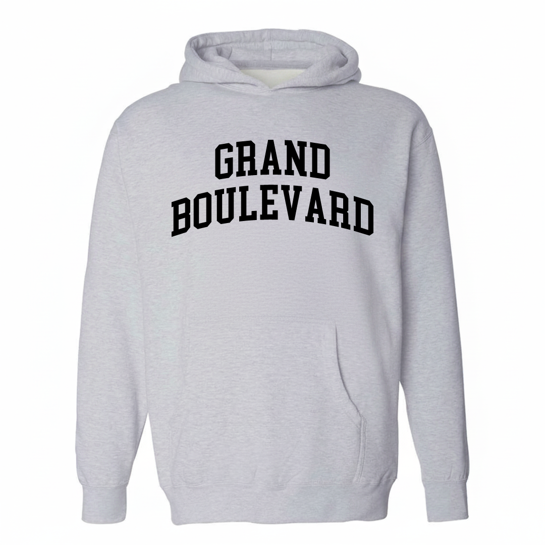 Heather-gray hoodie with the Grand Boulevard varsity arched lettering design on the chest.