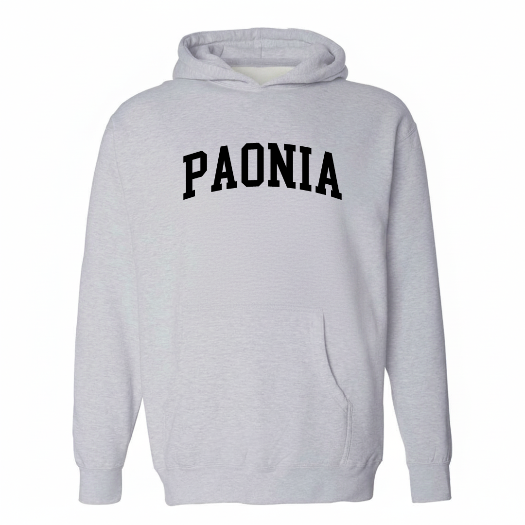 Heather-gray hoodie with the Paonia varsity arched lettering design on the chest.