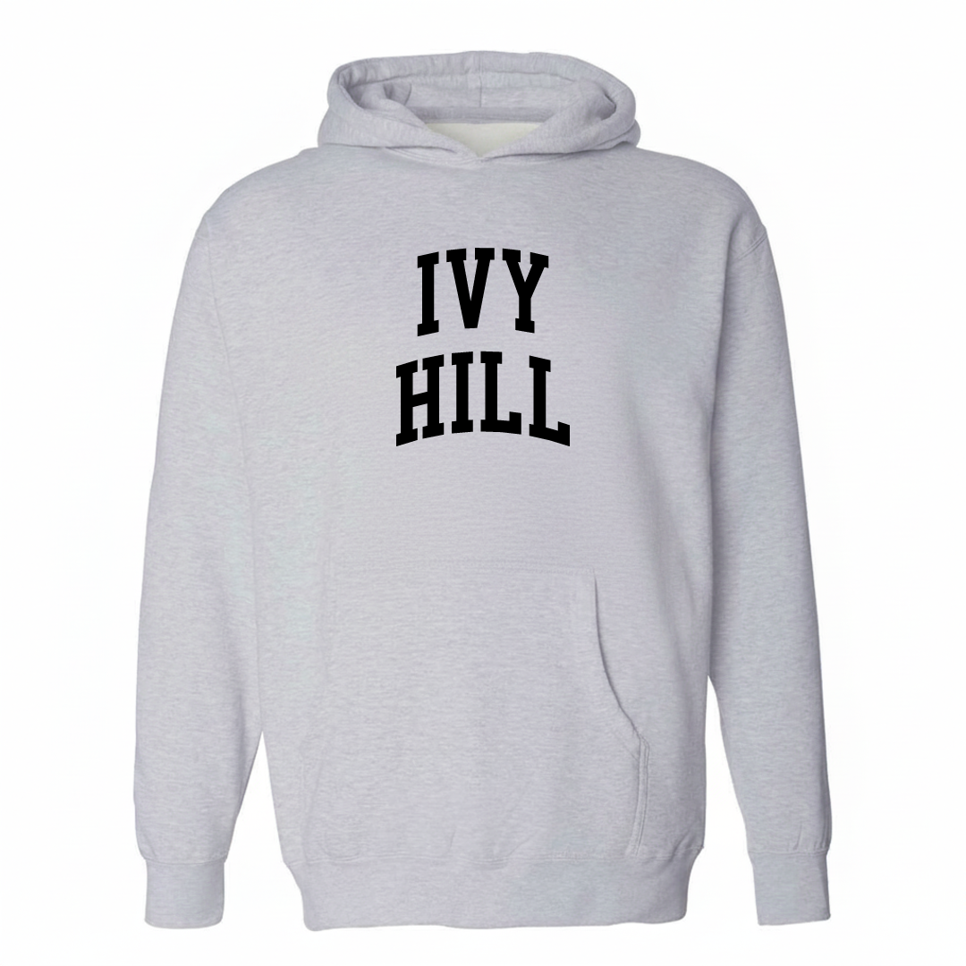 Heather-gray hoodie with the Ivy Hill varsity arched lettering design on the chest.
