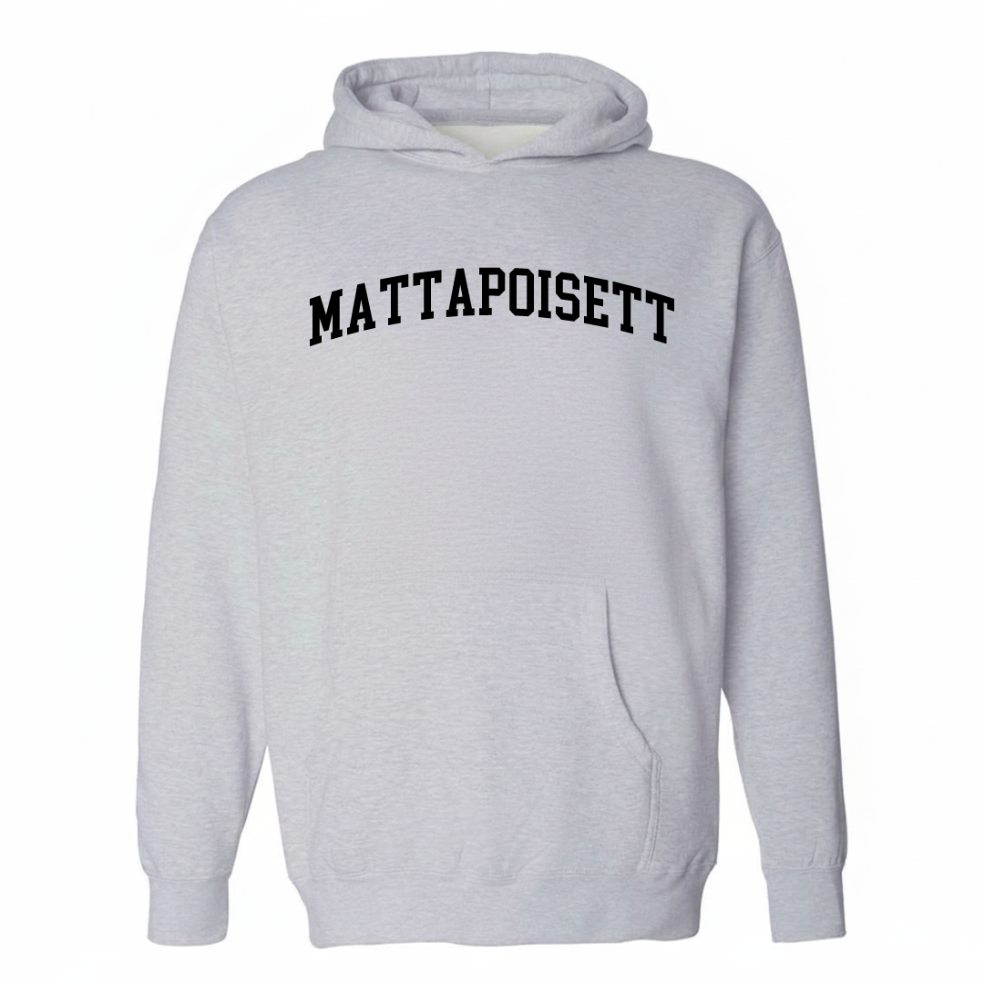 Heather-gray hoodie with the Mattapoisett arched lettering varsity-collegiate design on the chest.