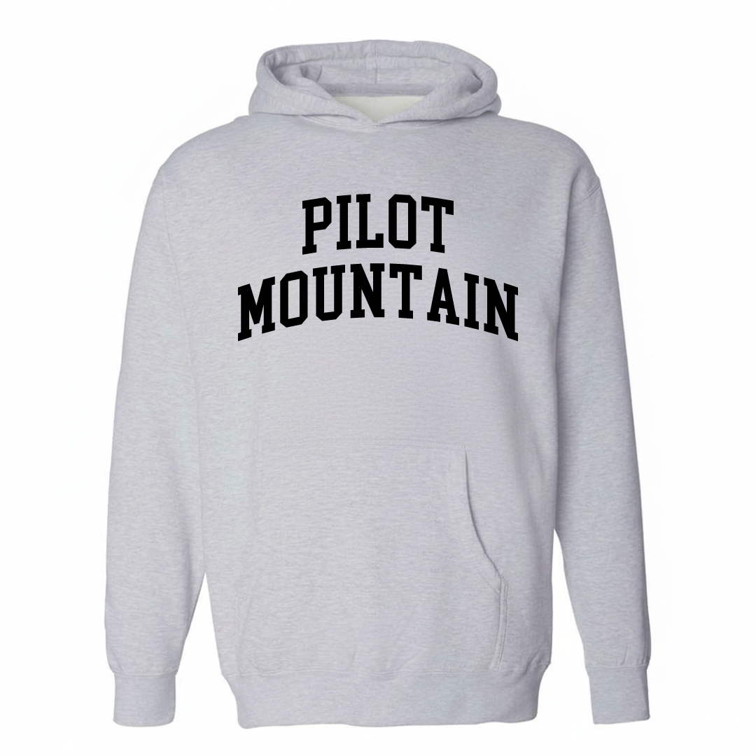 Heather-gray hoodie with the Pilot Mountain varsity arched lettering design on the chest.